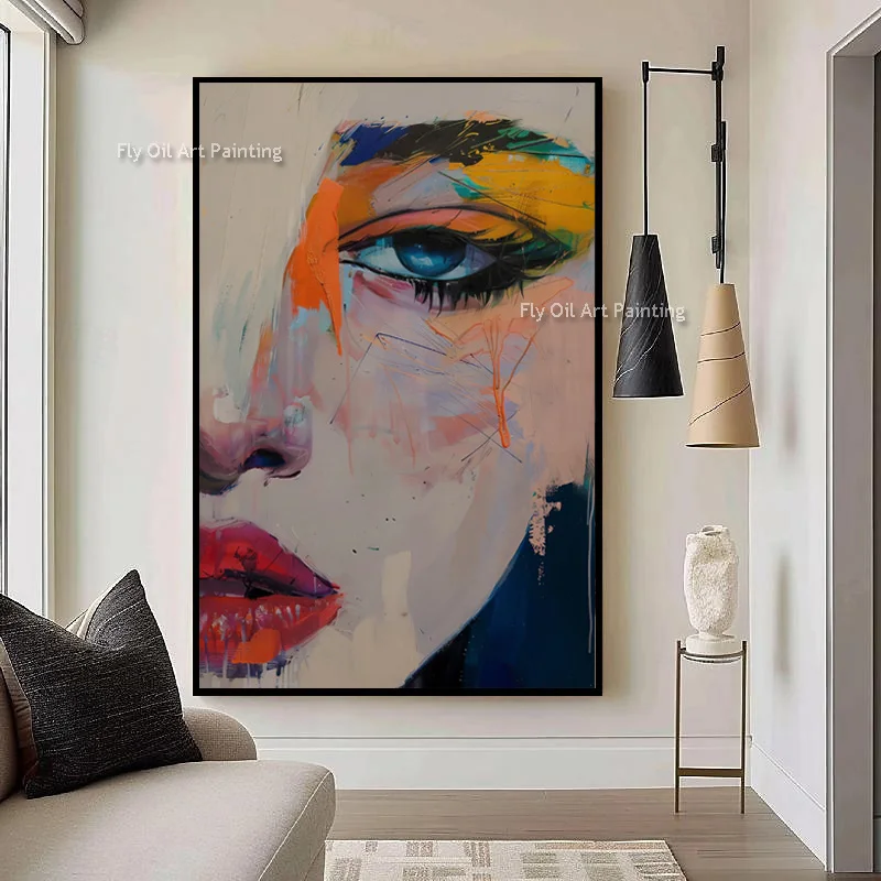 Handpainted New Original Design Black And Beige Oil Painting On Canvas Simple Blue Beige Abstract Women Portrait Wall Art Decor