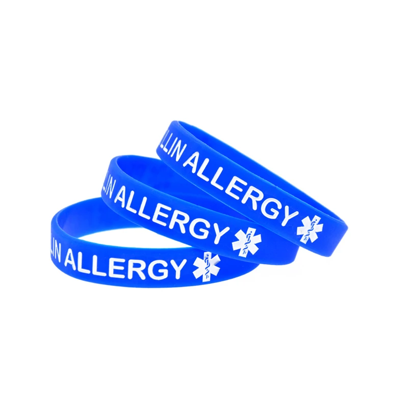 50 Stück medizinische Armbänder zur Identifizierung von Allergien gegen PENICILLIN, aus Silikonkautschuk, Erwachsenengröße, 4 Farben. – Detail 7