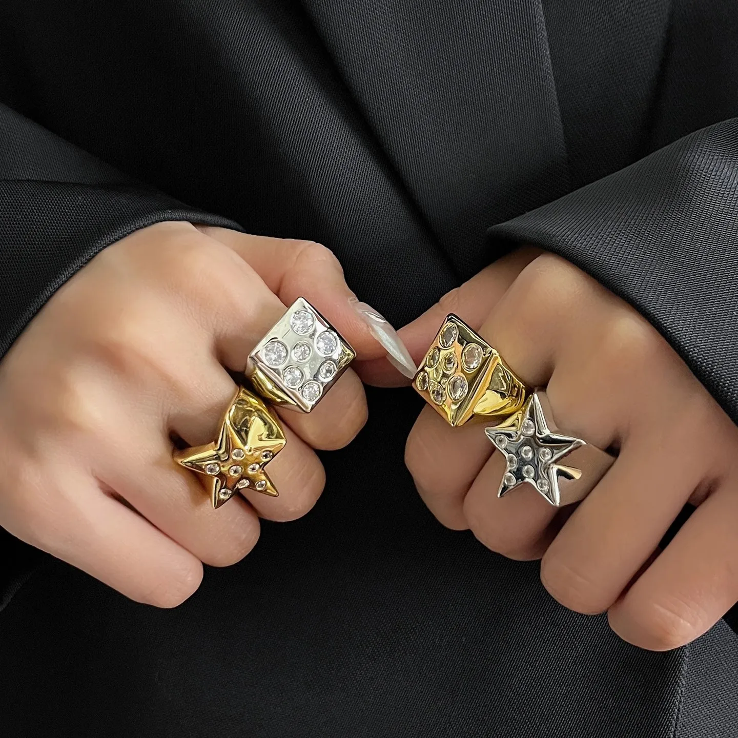 Luxury Elegant Square Five-Pointed Star Open Ring European American Niche Design Public Relations Jewelry