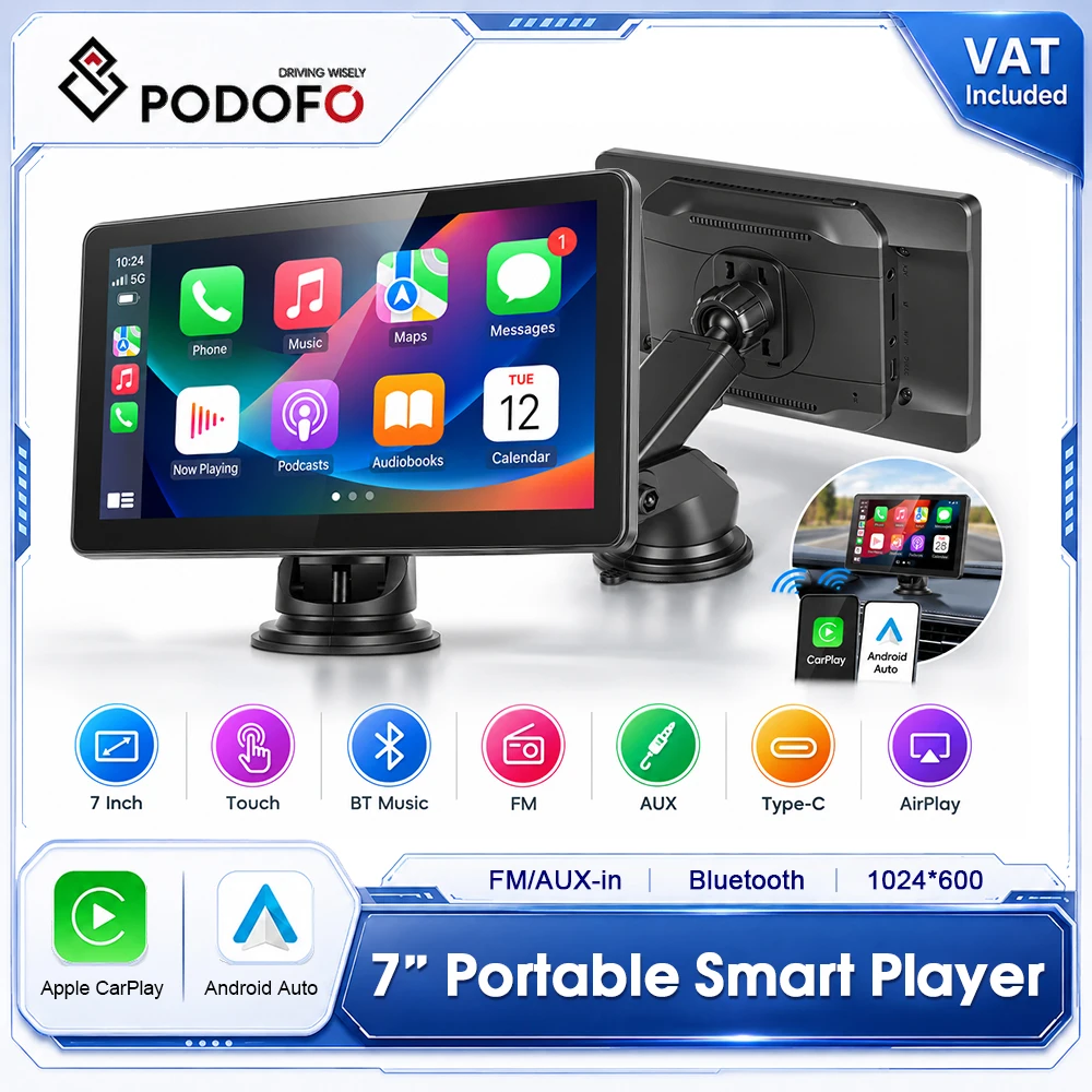 Podofo, autoradio portatile con schermo da 7 pollici, compatibile con CarPlay e Android Auto, dotata di schermo touchscreen integrato, connettività Bluetooth, AirPlay, lettore multimediale e supporto