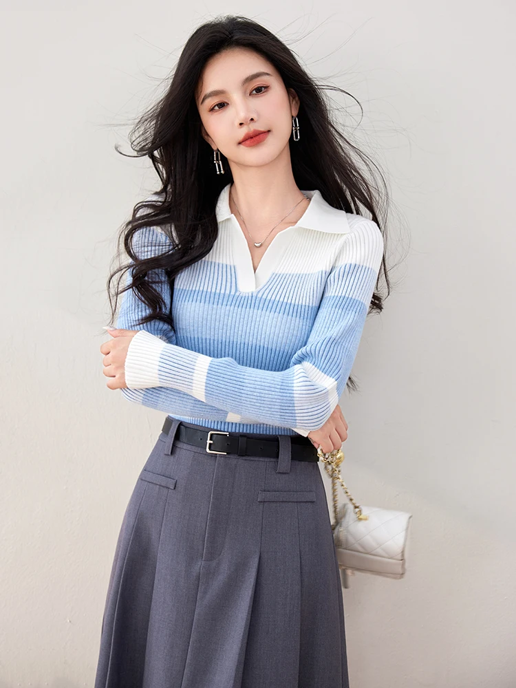 

Утягивающий полосатый вязаный свитер, женский осенне-зимний внутренний слой, базовый слой, корейский Sle Commute Faion