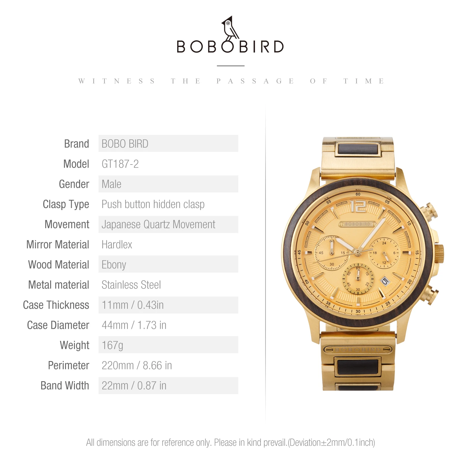 BOBOBIRD Orologio da uomo color dorato Movimento al quarzo giapponese Cinturino in legno di ebano e cassa in acciaio inossidabile Logo personalizzato Marchio o nome