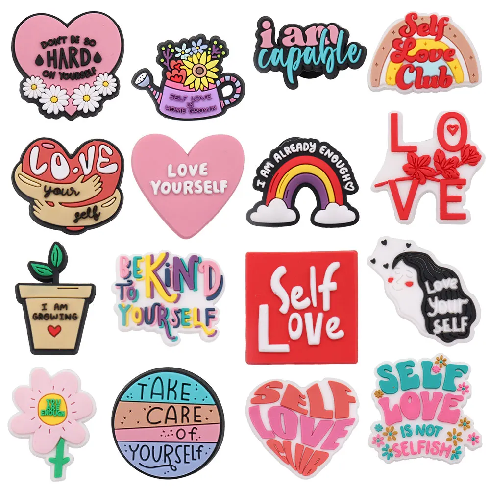 1pcs PVC Shoe Charms Fit Wristbands Flower Self Love Take Care Of Yourself Be Kind Growing Rainbow Hole Slipper Decoration Gift