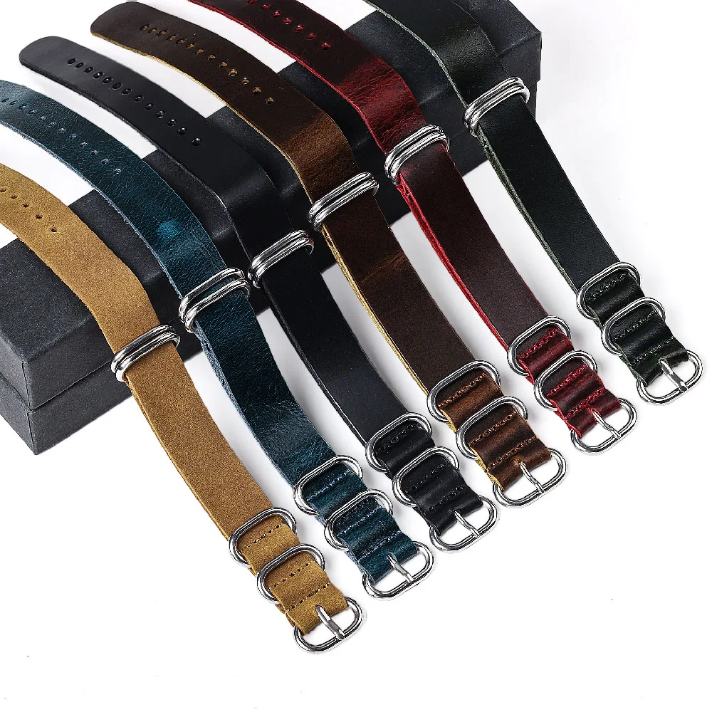 Strap of Huawei Watch for Seiko Straps Vintage Genuine Leather Cowhide Bracelet 18/20/22mm Soft Wristband Men  Five Metal Ring