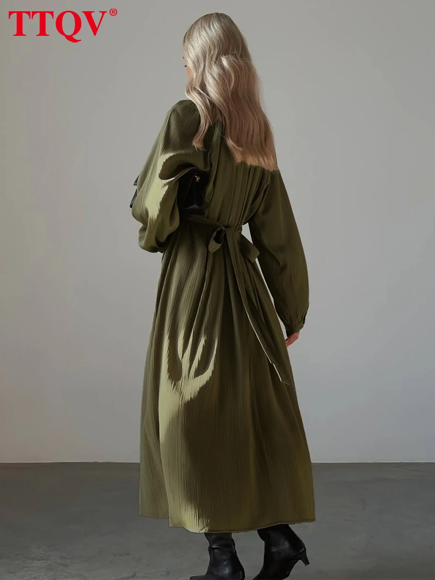 

TTQV Casual Green O-Neck Women's Dresses Elegant Long Sleeve Pleated Lace-Up Dresses Spring High Waist Mid-Calf Dress Female
