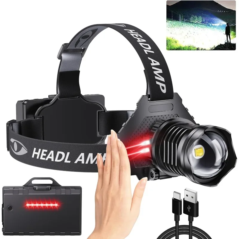 

LED Rechargeable Headlamp, High Lumens Super Bright with 5 Modes & IPX7 Level Waterproof USB Rechargeable Zoom Headlamp, 90° Adj