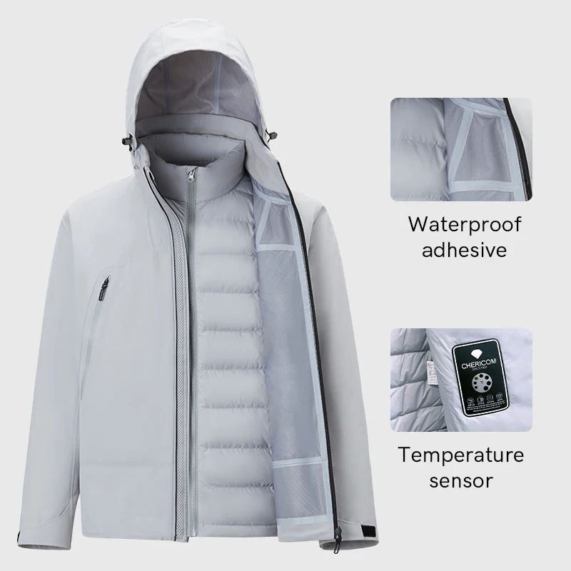 Chericom Winter Down Jacket Short Stand Collar Hooded Goose Down Removable Inner Windproof Warm Sports Casual Jacket Y298609Y