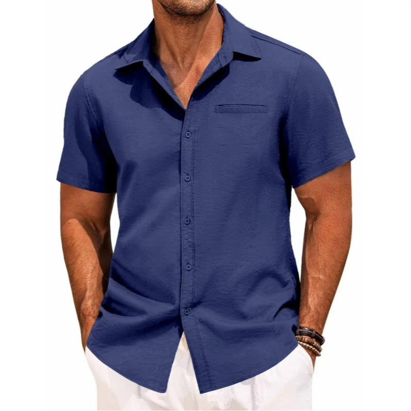 Summer Men's Solid Color Flip Collar Short Sleeve Button Up Shirt Oversized Fashion Casual Loose Shirt