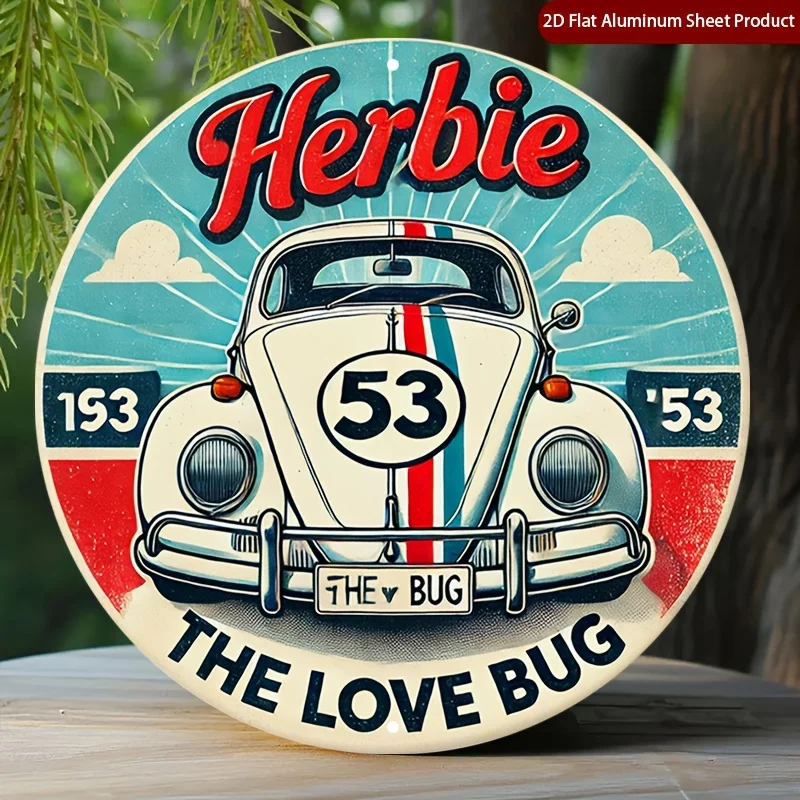 2D Flat Aluminum Herbie The Love Bug Round Metal Sign Vintage Indoor Outdoor Wall Art Home Kitchen Garden Bathroom Decor