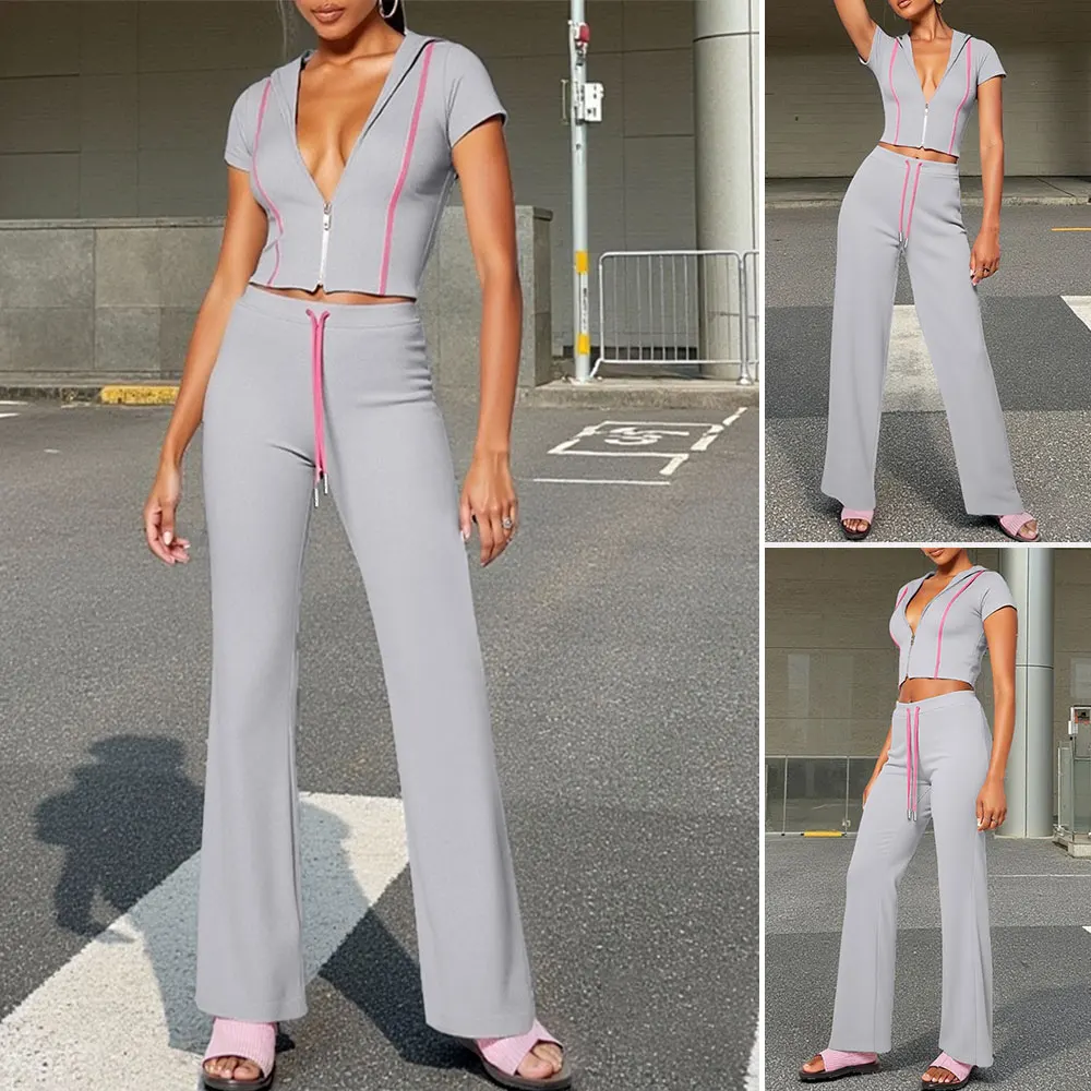 

Mia Muse Boutique Повседневные комплекты с капюшоном на молнии с натуральной талией до щиколотки для женщин Летние повседневные базовые спортивные лоскутные комплекты с коротким рукавом