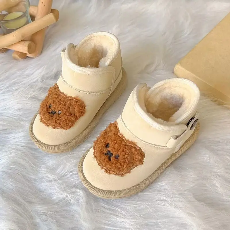 2026 Winter Kids Snow Boots Thick Fleece High Top Walking Shoes for Baby Girl Bear Korean Style Children's Footwear