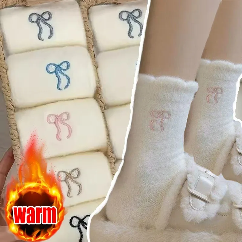 

1-2Pairs Bow Socks for Women Winter Warm Mid Calf Socks Plush Sleep Stockings Non Slip Sole Home Lounge Keep Warm Thicken Socks