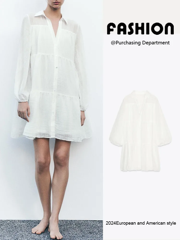 Primavera 2025 Nova Faion feminino cor pura em camadas patchwork gola virada para baixo simples ort Dr lanterna de cintura alta Sve A-...