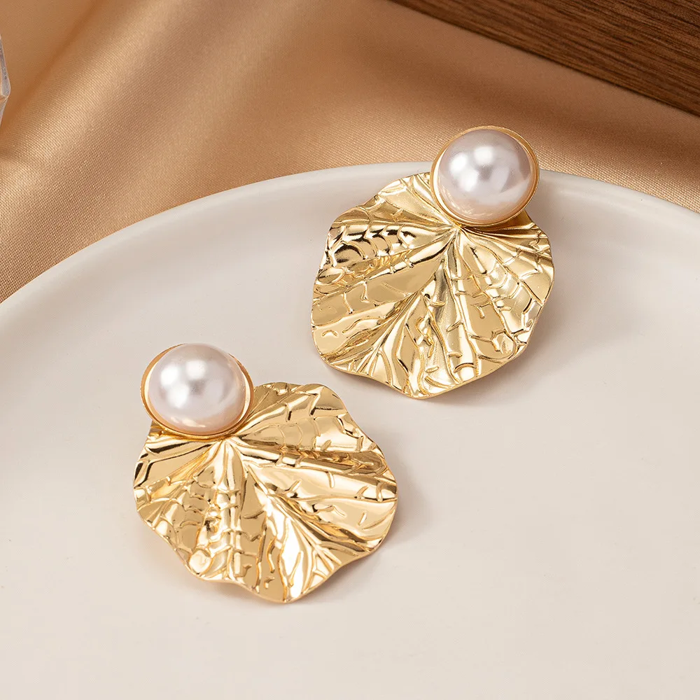 Minimalist Lotus Leaf Round Big Earrings for Women Gold Color Metal Pearl Earring Trendy Jewelry