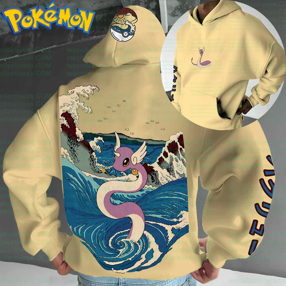 Sudadera con capucha de algodón de Anime Pokemon, Color Beige, estampado de Pikachu con monstruo marino alado rosa, diseño de onda azul, ropa de calle informal