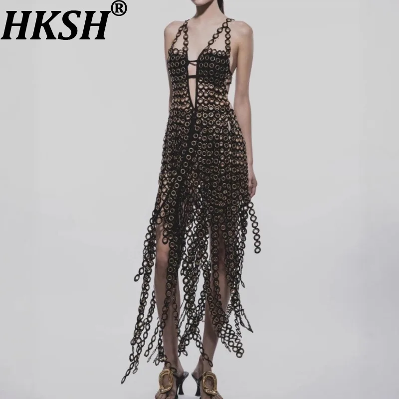HKSH Summer New Women's Dress Niche Design V-neck Backless Strap Irregular Slim Fit Streetwear Punk Fashion Sexy Dresses HK14494