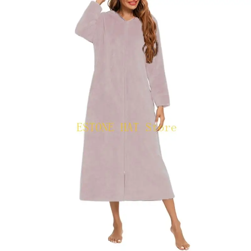 49MF Women's Thickened Fleece Hooded Long Nightgown