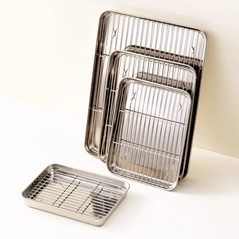 Stainless Steel Drain Tray Oil Control Grid Rectangular Vegetable Preparation Tray Special Tray for Frying Skewers and Barbecue