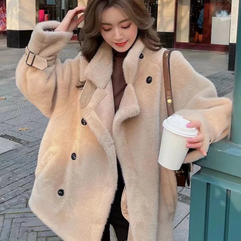 2025 New Women Winter Faux Mink Cashmere Fur Coat Mid-length Loose Overcoat Thicken Warm Jacket Commuting simple Outwear