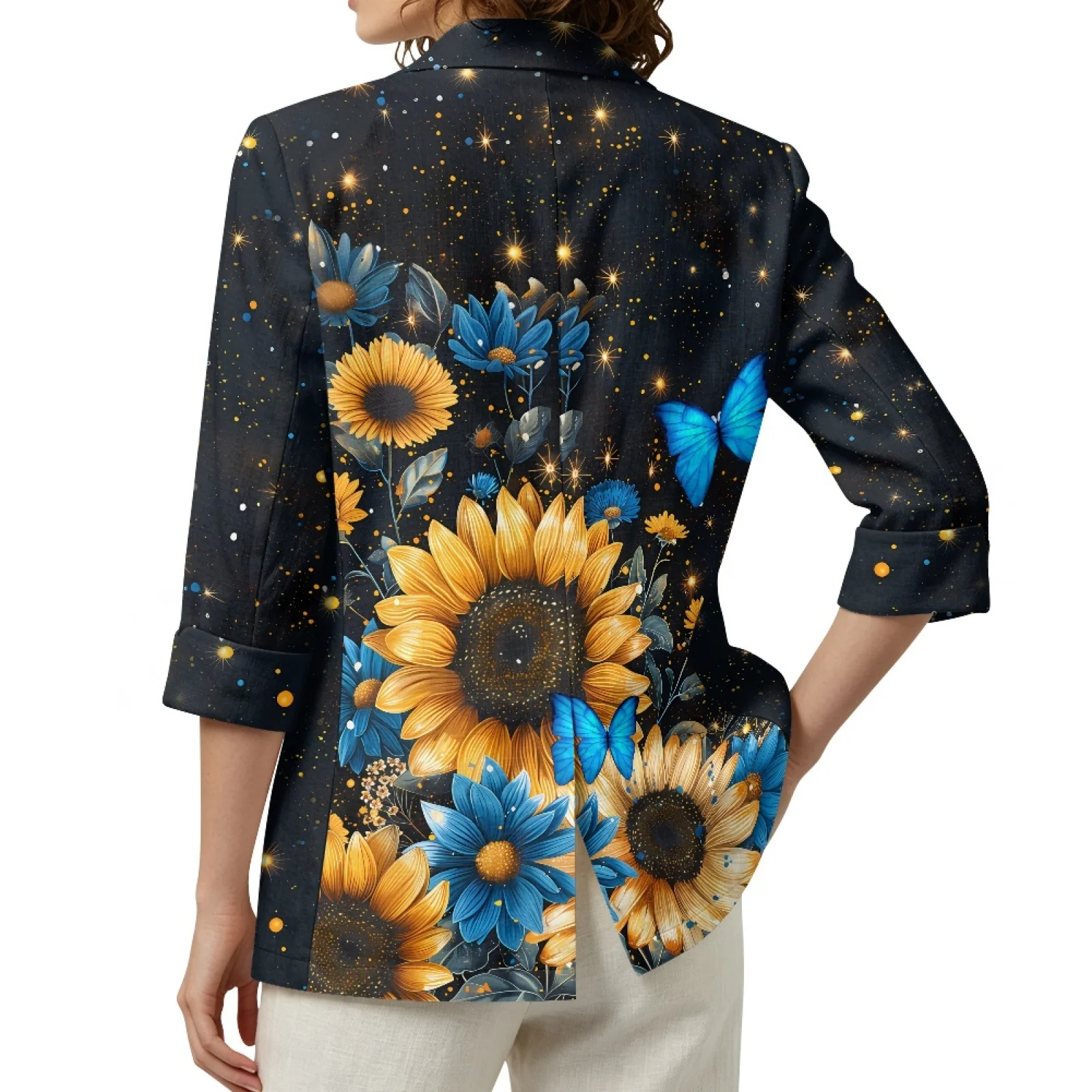PENSTROLL Butterfly Sunflowers Linen Like Open Front Tops Loose Fit Beach Coverups for Loungewear S-3XL