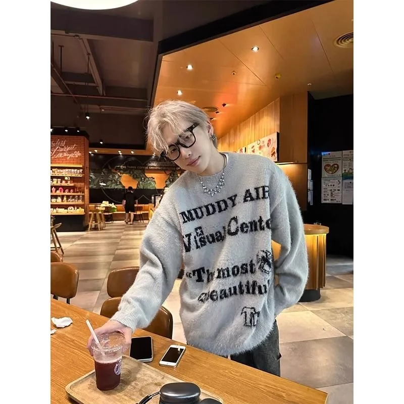 High Street sweater rajut pasangan, atasan sweater rajutan leher kru ukuran besar netral musim gugur dan musim dingin retro Amerika