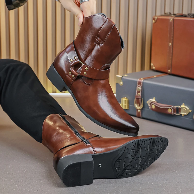

Autumn New Men's Pointed-toe Leather Boots, British Style High-top Business Shoes, Slip-resistant and Durable Casual Ankle Boots