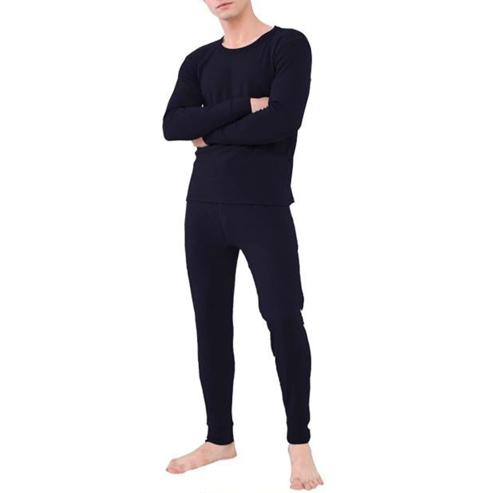 Stilvolles Thermo-Pyjama-Set für Herren mit langen Unterhosen, O-Ausschnitt, Hemd mit Unterteil, einfarbig, ideal für Herbst und Winter, Marineblau und Grau