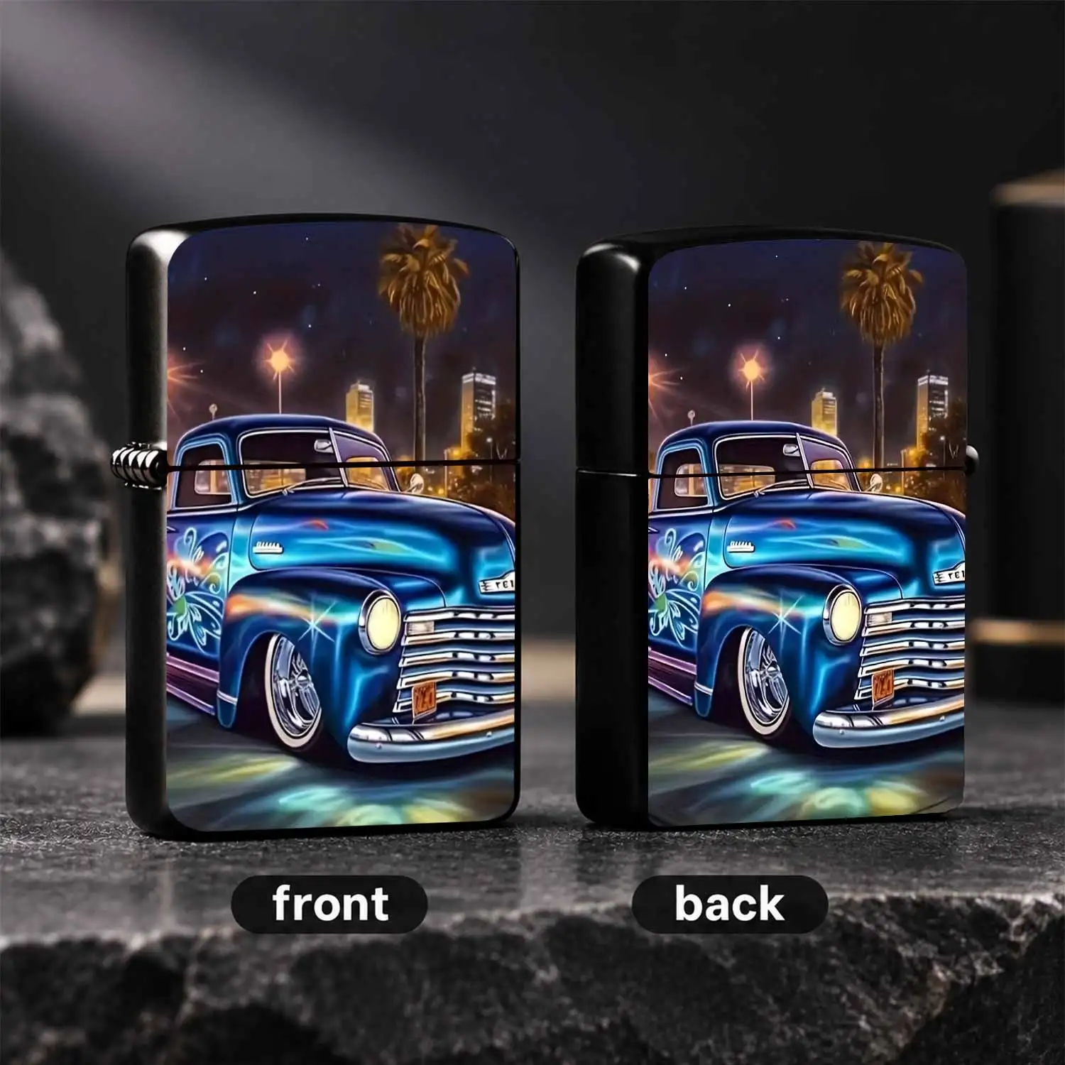 Vintage Blue Lowrider Pickup Themed Portable Igniter, Urban Night Palm Tree Creative Decor, Daily Carry Use for All Scenarios, Trendy Art Printed Practical Item, Ideal Gift for Daily Personal Use A Humorous And Interesting Lighter