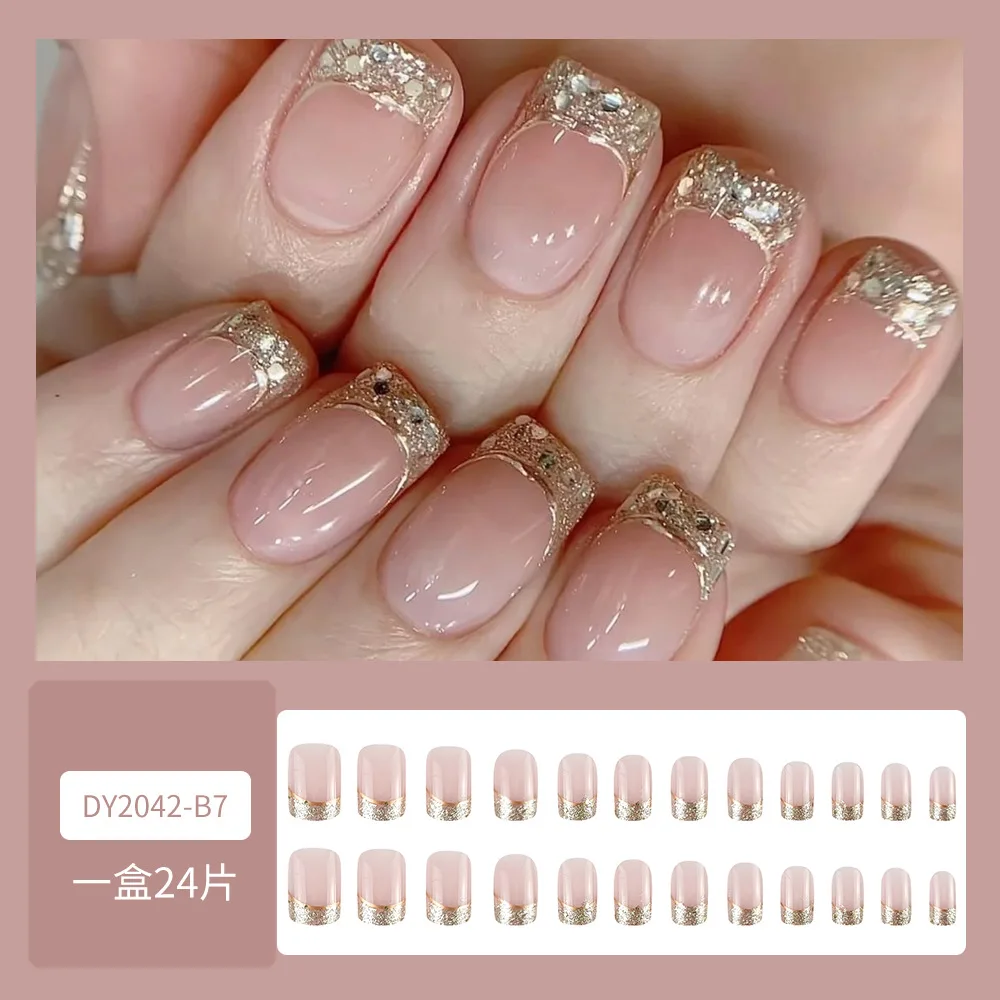 24 stuks druk op nagels luxe Franse manicure met gouden rand volledige dekking nageltips voor dames en meisjes verwijderbare draagbare nagel