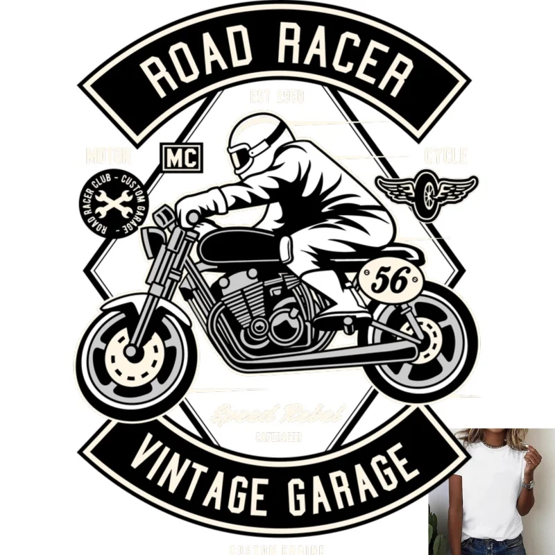 Vintage Road Racer Motorcycle Graphic Heat Transfer White Ink Iron - on Patch, Cool Design for T - shirts, Canvas Bags, Casual