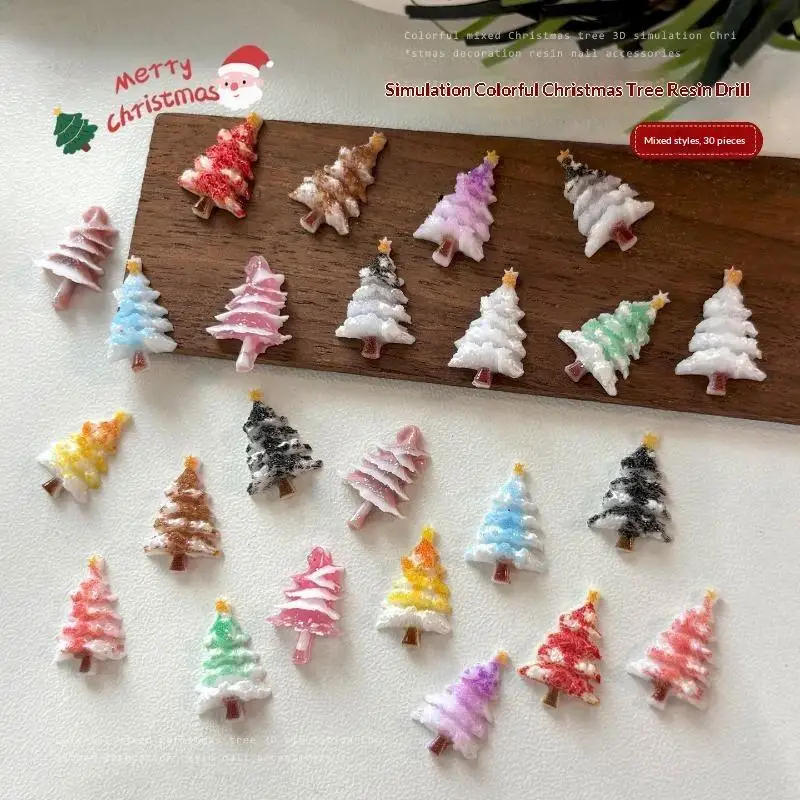 30Pcs DIY Scrapbook Manicure Nail Craft Resin Cute Colorful Glitter Mini Crystal Christmas Tree Gem Flatback Rhinestone Appliqu