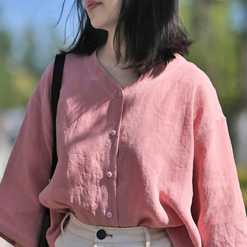 

Original Design Han Han irt Cool Summer Large Sve Peach Collar V-ne Small ence Top Loose Fit Cotton Linen Women's ...