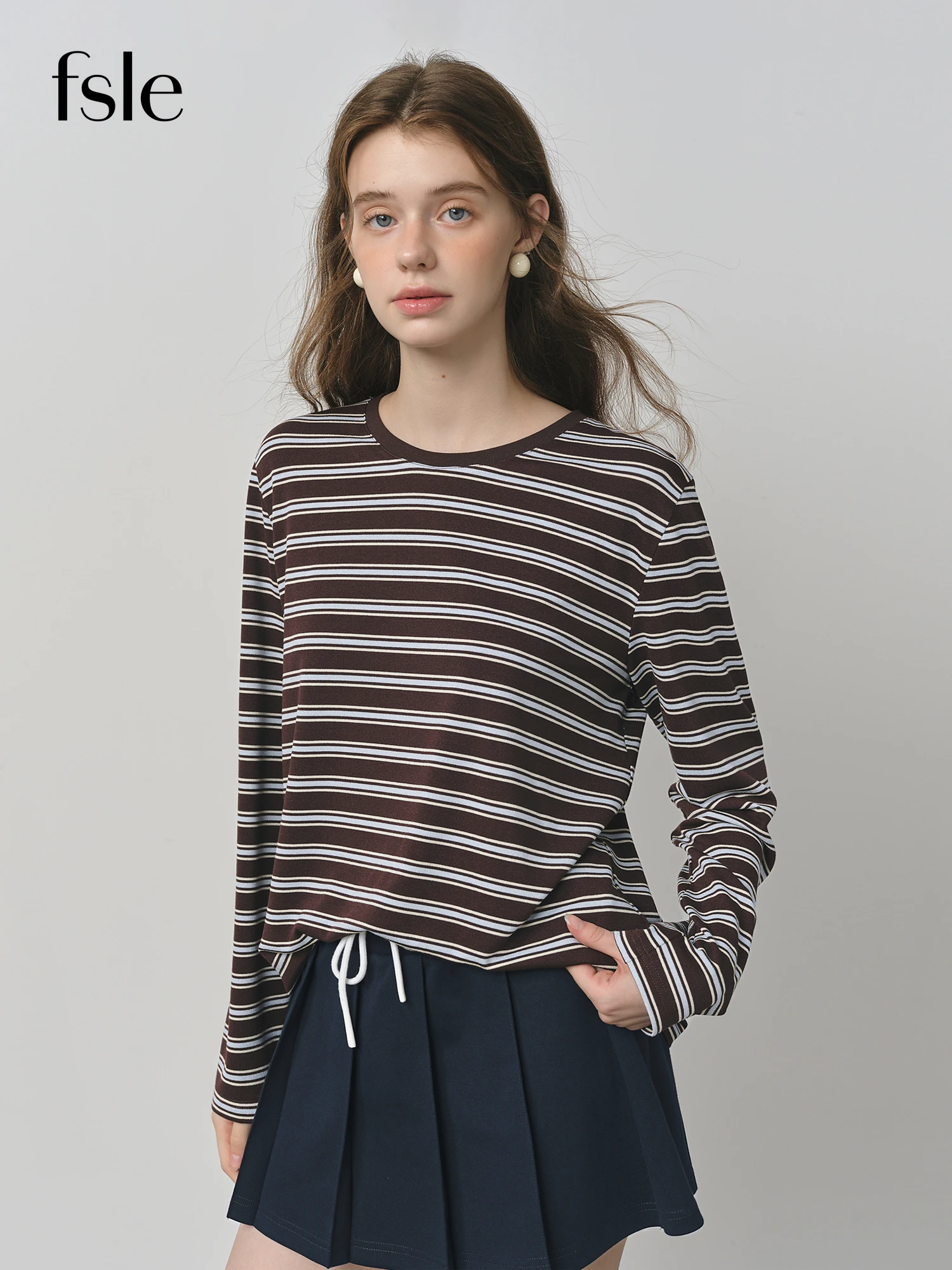FSLE 2025 New Women Retro Color Block Striped T-Shirt Classic Round Neck Long Sleeve Basic Vintage Oversized Chic Streetwear Top