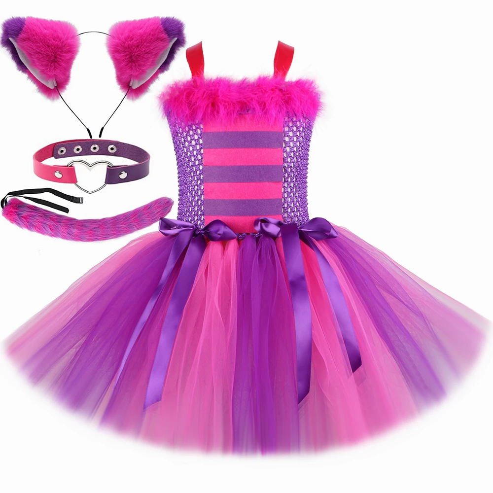 Girls Cheshire Cat Costume Kids Wonderland Cartoon Magic Striped Cat Tutu Dress Girls Halloween Carnival Party Dress Up Outfits