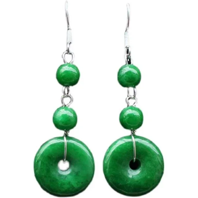 Green Jade Donut Earrings for Women Jewelry Gemstones Carved Charms Amulets Natural 925 Silver Chinese Accessories Vintage