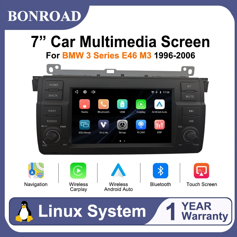 BONROAD Autoradio multimédia sans fil 7 pouces Linux Carplay Android Auto pour BMW Série 3 E46 1996-2006 avec navigation, Bluetooth et AirPlay