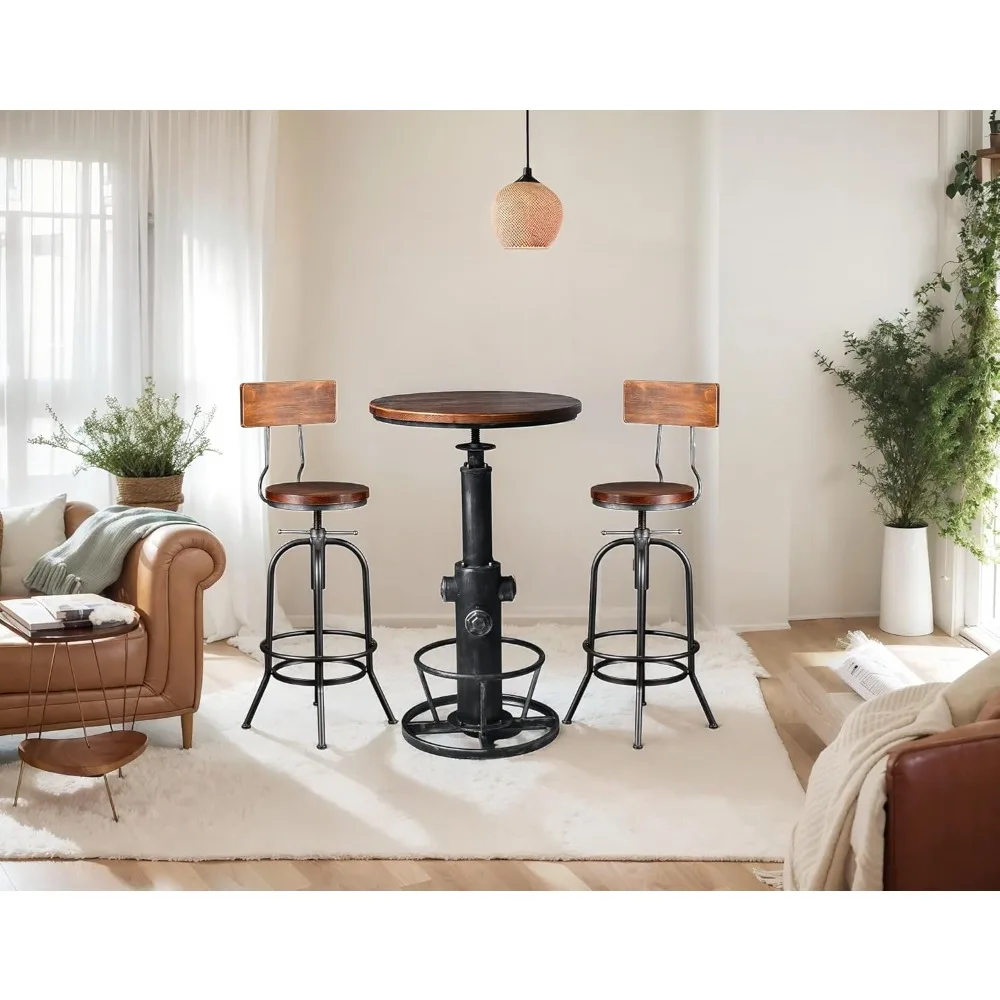 3-delige bartafel (38,6"-48,4") en 2 rugleuningkrukken (26"-32") set voor pubkeuken eetkamer woonfeest bistro ontbijt, draaibaar blad