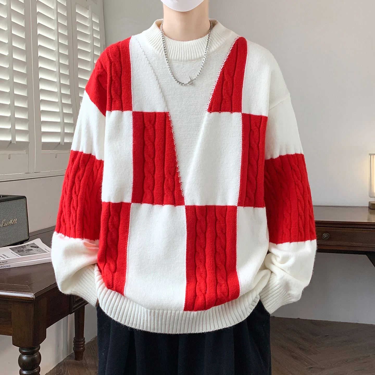 

American Color Blo Knitwear Men's Thiened round Ne Warm Lazy Loose Sweater Autumn Winter New Sle Teenage Cool Fit