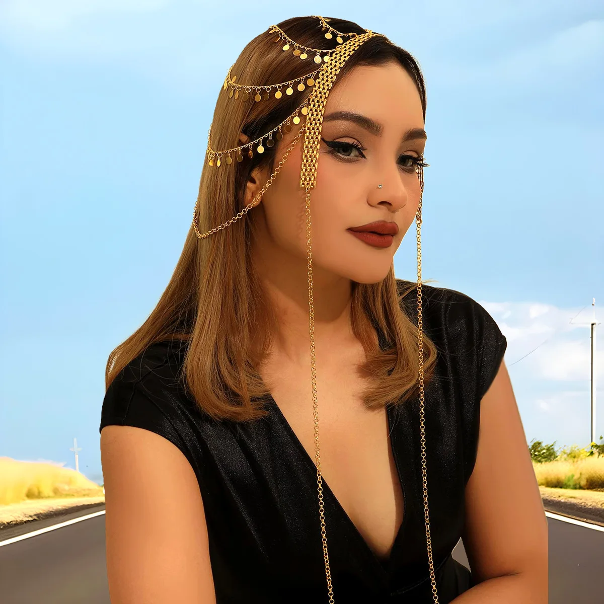 

Women's Head Chain Multi-layer Round Metal Sheet With Tassel Party Headwear