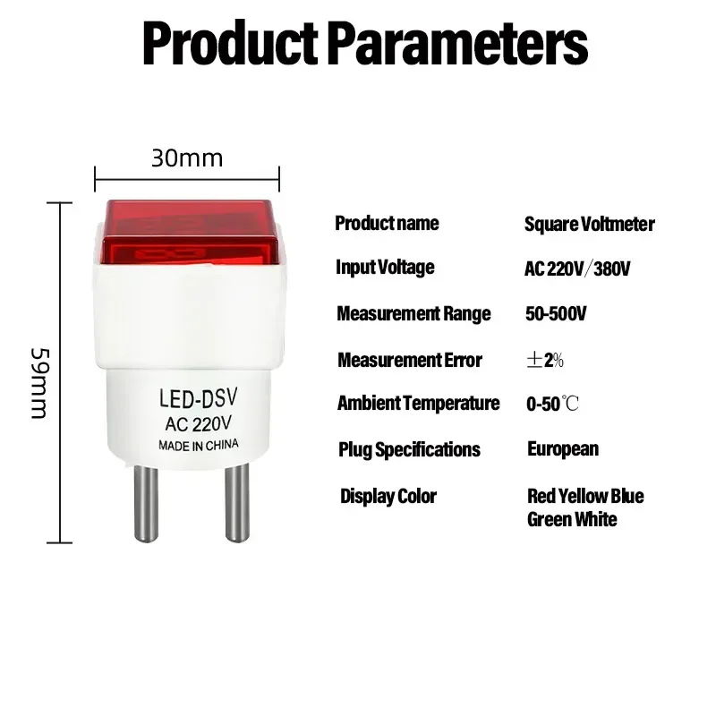 EU Plug LED Digital Voltmeter Ammeter AC 220V 50-500V Square Round Head Voltage Indicator Signal Light Dustproof Seat Tester