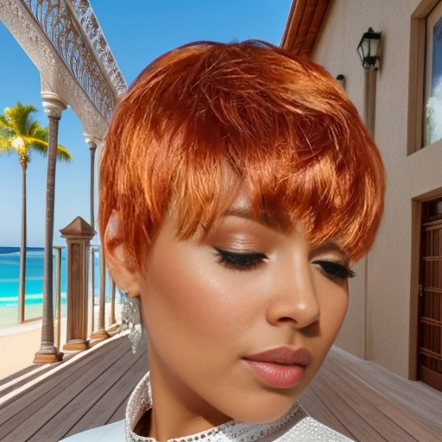 앞머리가 있는 세련된 픽시 가발 전체 기계 제작 브라질 스트레이트 인모