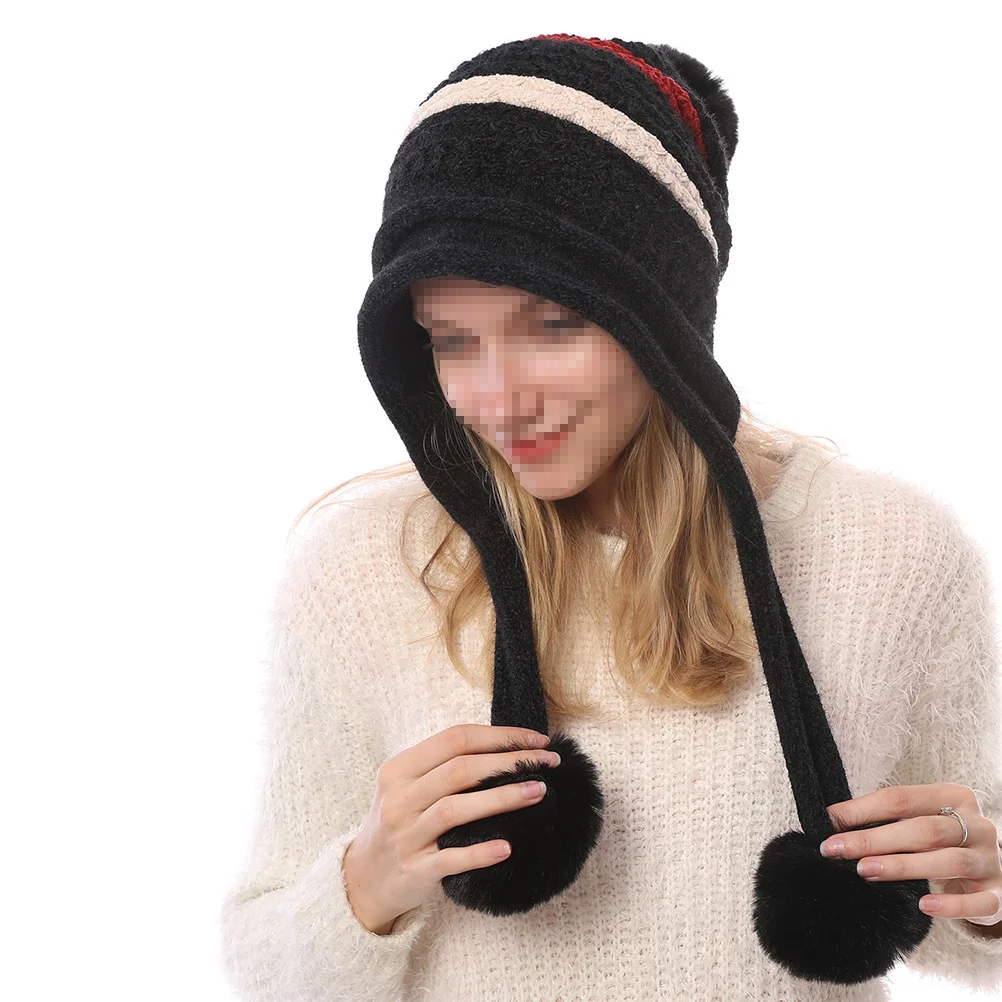 

Black Women Knitted Hat with Three Hair Balls One Size Fits Most Warm Wool Cap for Winter Outdoor Use Skiing Hiking