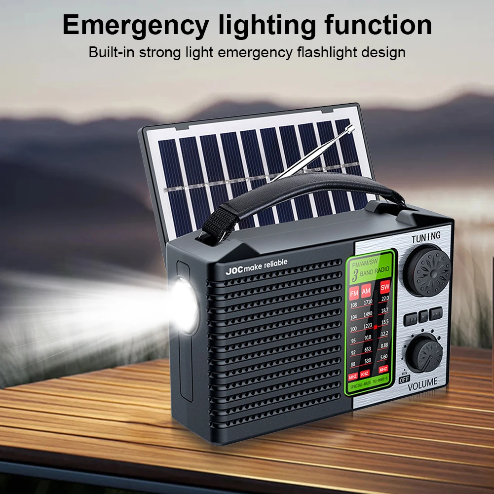 راديو AM FM SW شحن بالطاقة الشمسية راديو كامل النطاق راديو الطوارئ استقبال راديو عالي الحساسية مع مصباح يدوي LED مكبر صوت BT