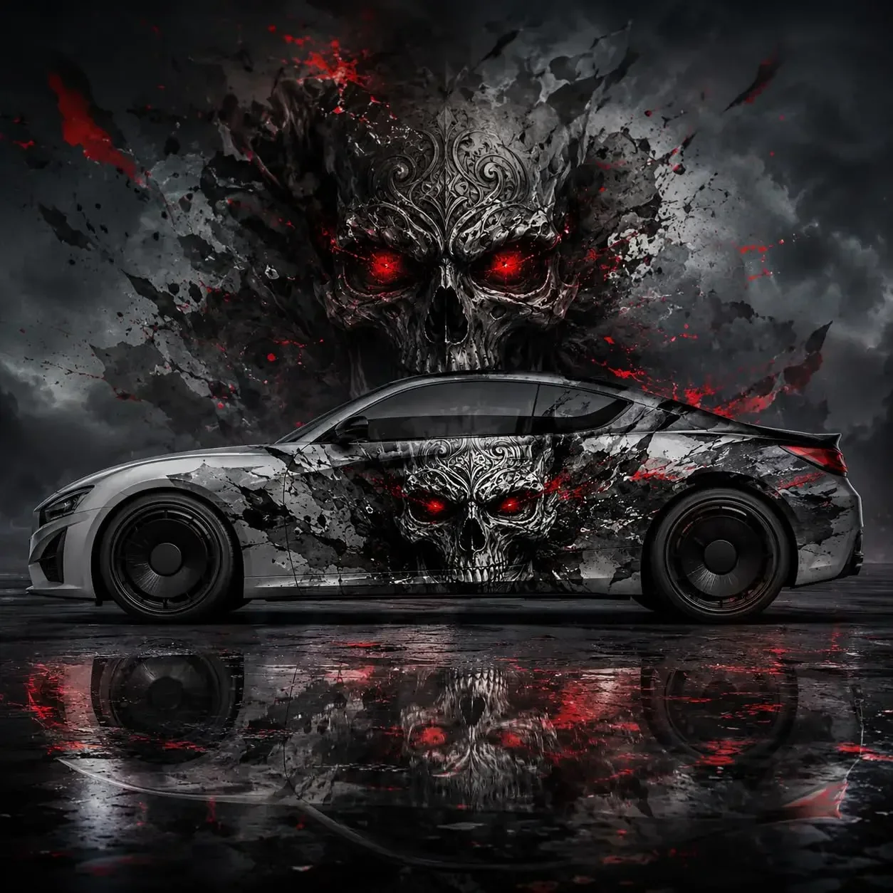 2pcs Skull Car Wrap Vinyl Decal, Red Eyes Dark Gothic Design