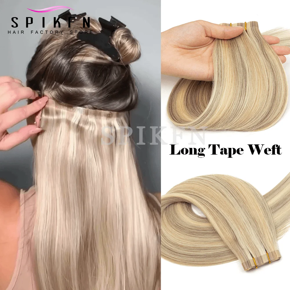 Long PU Skin Weft Hair Bundles 12-20 Inches Hair Weaves Highlights Dark Brown Virgin Human Hair Weft For Women No Tape On