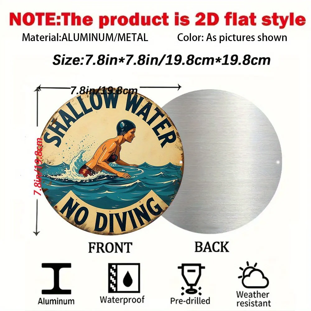 2D Flat, Heavy-Duty Waterproof Aluminum No Diving Sign Suitable for Pool, Spa, Gym, Bathroom - Retro Vintage Shallow Water Warni