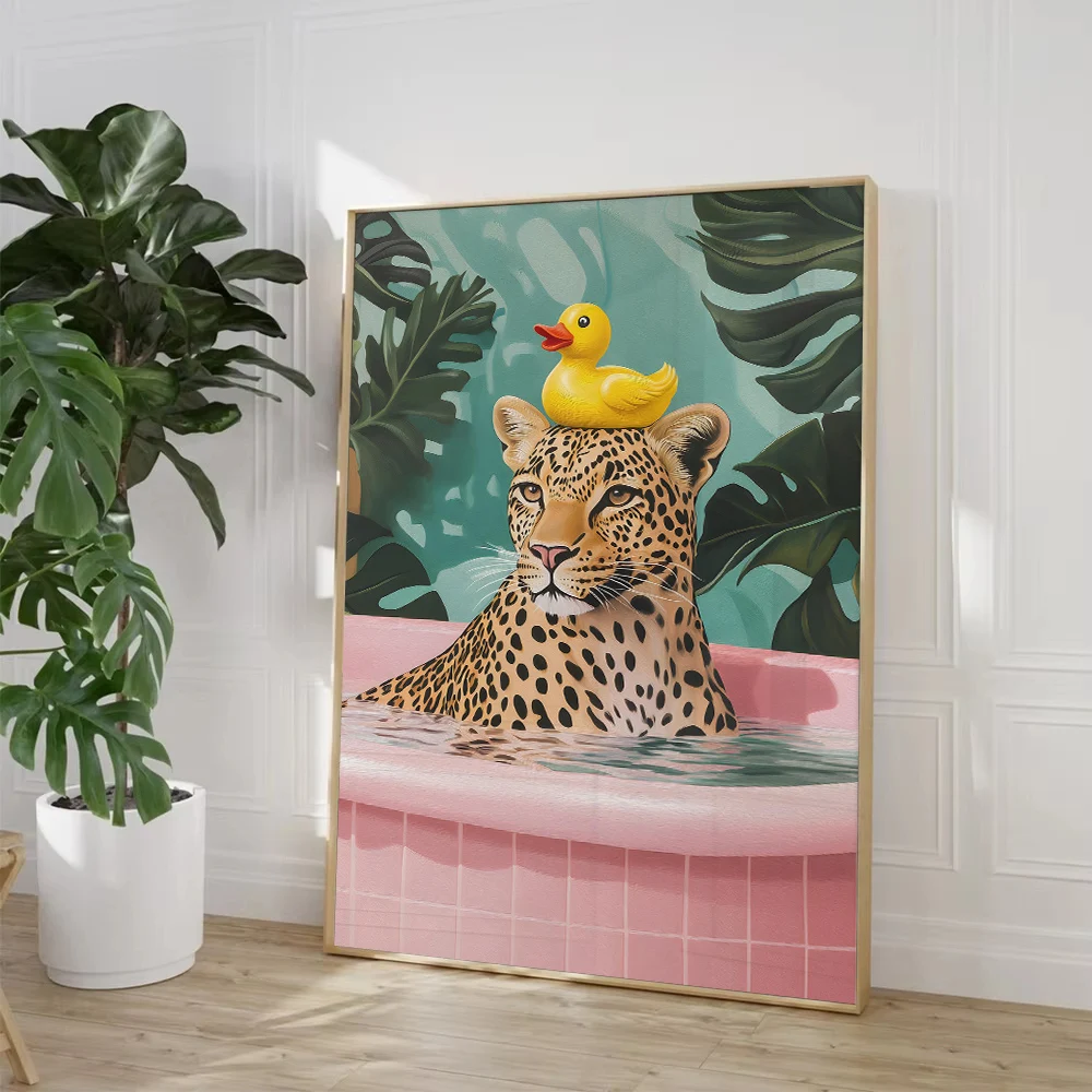 Leopard in Bathtub Poster Print Cheetah White Tiger Cat Rubber Duck  Canvas Painting Jungle Wall Art Animal Bathroom Home Decor