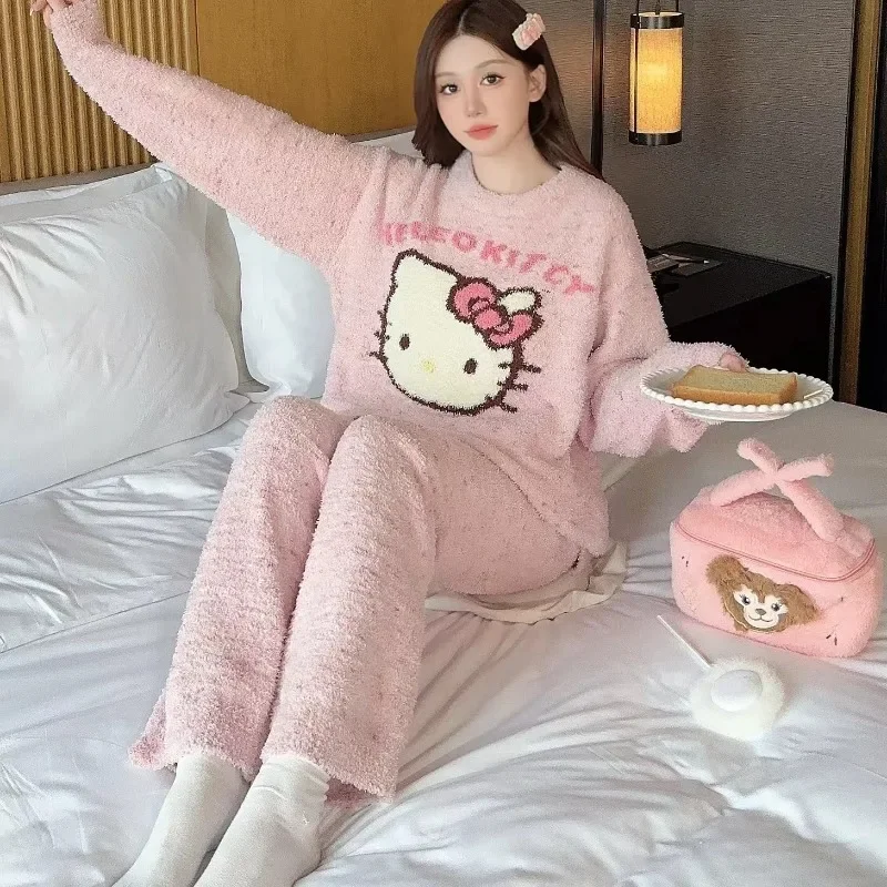 New Half-velvet Pajamas Set Sanrio Hello Kitty Female Autumn and Winter Girl Sweet Kitty Cute Home Clothes Warm Two-piece Set