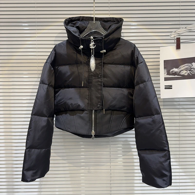 Vrouwen dubbele rits ontwerp gevoel trekkoord hoge hals korte witte eend donsjack 2025, winter nieuwe dikke casual warme jas