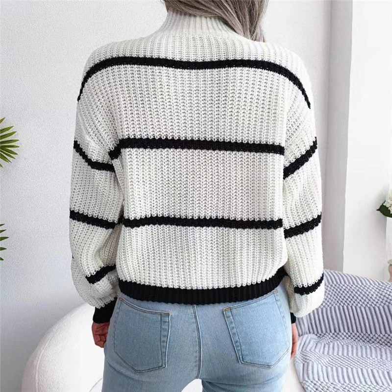 HELIAR Women Striped Knit Loose Sweaters Lantern Long Sleeve Mock Neck Warm Pullovers Casual Streetwear Sweaters Autumn Winter